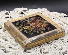 Powder Compact 3.75in Lucite Lid Faux Floral Needlework Brass c1950s Sifter Vtg picture