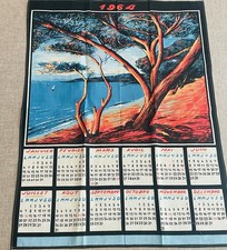 Vintage Tea Towel Linen NOS - 1964 French Calendar Riviera - Pine Tree - MCM picture