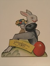 Vintage 1930s Plankinton’s Globe Ham Bacon Easter Bunny Die Cut Store Sign Rare picture