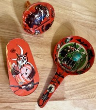 3 Vintage Halloween Party Tin Noisemakers Witch Cat Skeleton Ghost Paddle JOL picture