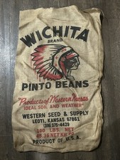 Vintage Wichita Brand Pinto Beans Burlap Sack Bag Indian Chief Kansas Unused picture