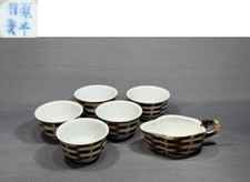 Antique Meiji Kyoto Kyo Ware Sencha Tea Set Yuzamashi 5 Cups Bamboo Harahei Japa picture