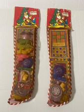 Vintage 1970's Dime Store Toy Filled Mesh Christmas Stockings Set of 2 picture