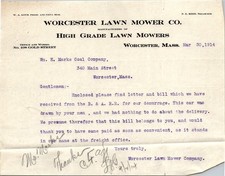 1914 Worcester Lawn Mower Co. Business Letterhead Ephemera Massachusetts RR picture