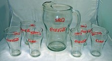 vintage 1980s Coca-Cola Bell Glass Pitcher & Beverage Set 7 pc. 66oz & 12oz picture