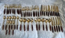 Vintage Rosewood And Brass Silverware Set Of 86 picture