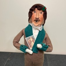Byers Choice Caroler Man brown Mustache, Christmas Card, Green Collar, 1992 picture