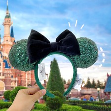 Sequins Bow Minnie Ears Mickey Mouse DisneyParks Ears Champagne Green Headband picture