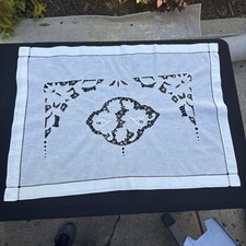 Vintage White Linen Richelieu Cutwork Tablecloth Hand Embroidered Topper 25x35 picture