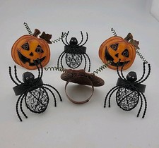 VTG SET Of 6 Halloween Napkin Ring Holders~3 Pumpkins~3 Spiders Partys Tableware picture