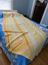 Vintage Handmade Wool Crochet Blanket Long Afghan Throw Yellow Cream Retro 43x98 picture