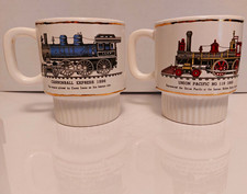 Set of 2 Gold Trim Train Mugs Cannonball Express 1896 Union Pacific 1868 picture