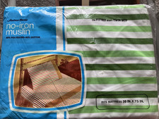 VTG Fashion Manor Green Stripes Twin Fitted Sheet New In Package 60s 70s picture