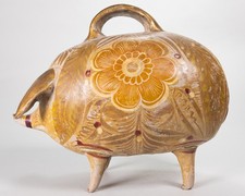 c.1900 Antique Tlaquepaque Mexican Pottery Piggy Bank with Handle picture