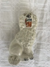 English 4” staffordshire white poodle figurine holding basket in mouth antique  picture