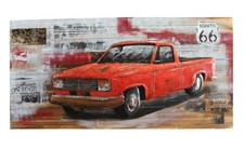 Vintage Red Pickup Truck Painting on Wood with Raised Metal 79