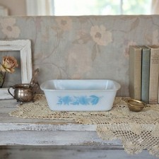 Vtg Glasbake Blue Thistle Loaf Pan 1.5 Qt Milk Glass Aqua Teal Floral USA Retro picture