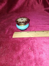 Vtg 1970s Avon Bird of Paradise Cream Sachet Jar Blue Gold Chinoiserie Decal 2