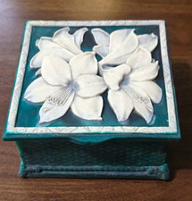 Genuine Incolay Stone Trinket Jewelry Box Teal Green Lily Floral Velvet Lined picture