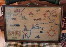 Antique Vintage 1930s Colonial America 1660-1790 Map Needlepoint Sampler picture