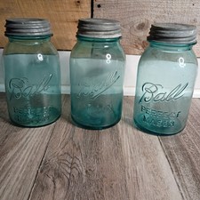 Lot 3 Vintage Ball Perfect Mason Jars Aqua Blue 1 Quart Zinc Lids Mold 5, 6, 8 picture