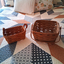 Vintage,Longaberger Handwoven Small Rectangle Wood Baskets w/ Handles Set of 2 picture