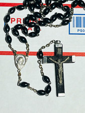 Vintage Catholic Rosary Black Bead Virgin Mary Center Crucifix Italy Religious picture