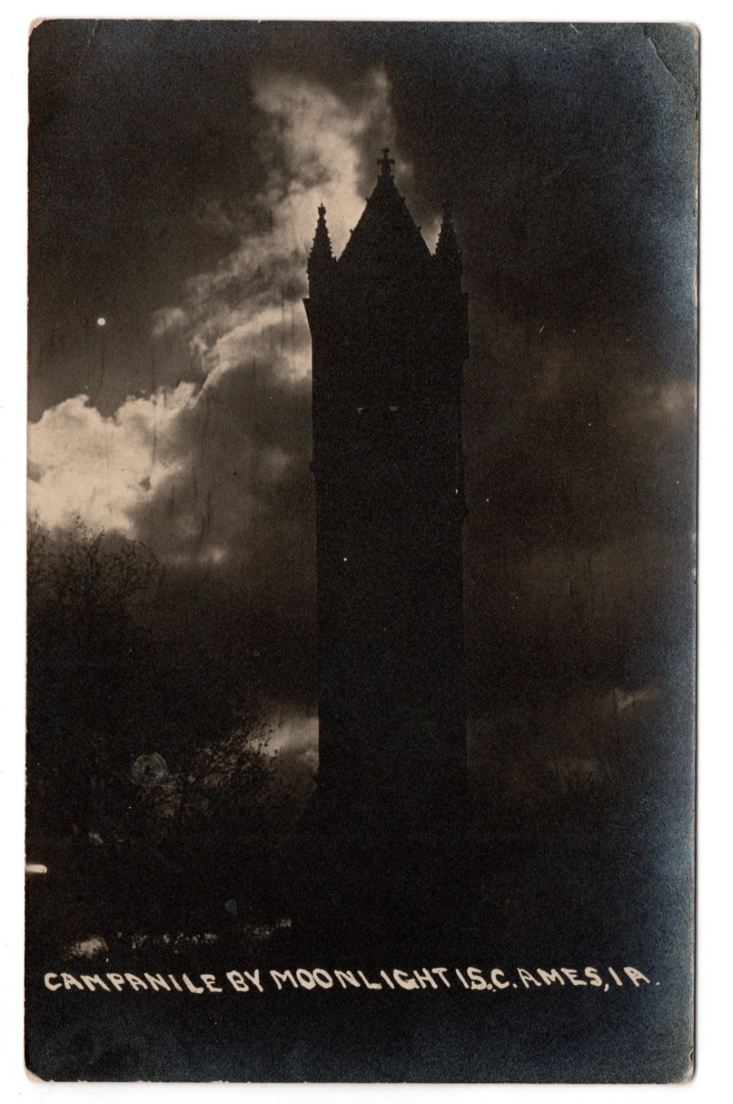 Iowa State University Campanile by Moonlight Real Photo Postcard RPPC 1913