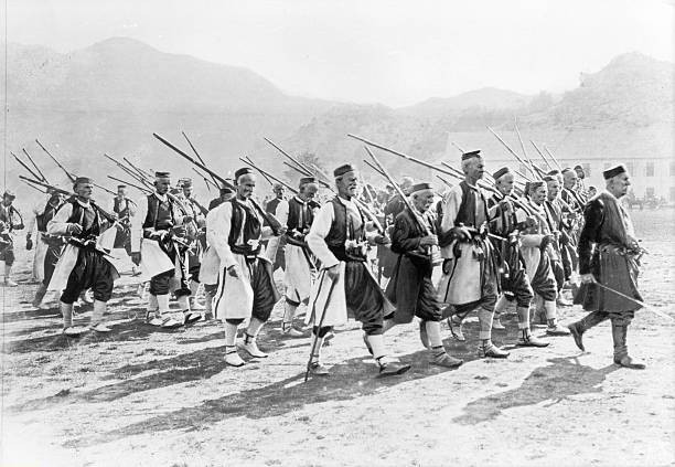 Montenegrin reservists marching through Montenegro October 1912 Old Photo