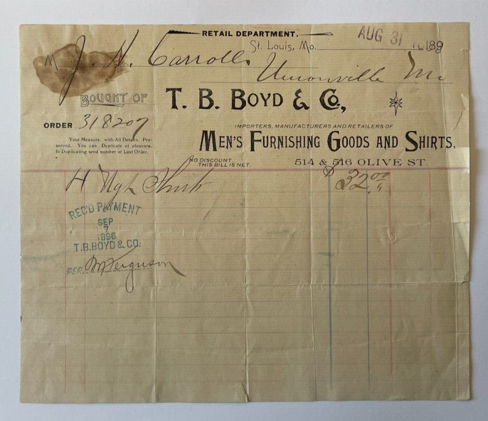 1893 T. B. Boyd & Co Men\'s Furnishing Godds Shirts St. Louis, Missouri MO
