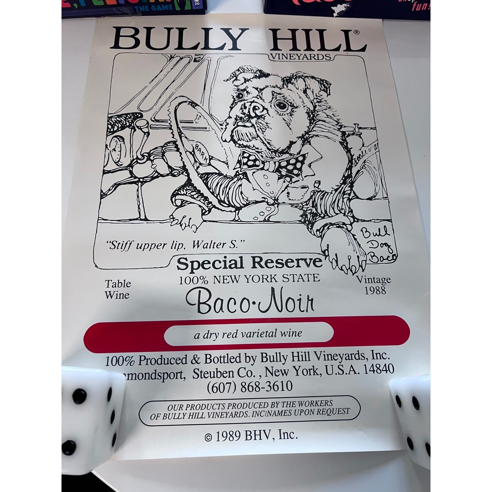 Vintage 1989 Bully Hill Vineyards Baco Noir Wine Poster Bulldog Walter S Taylor