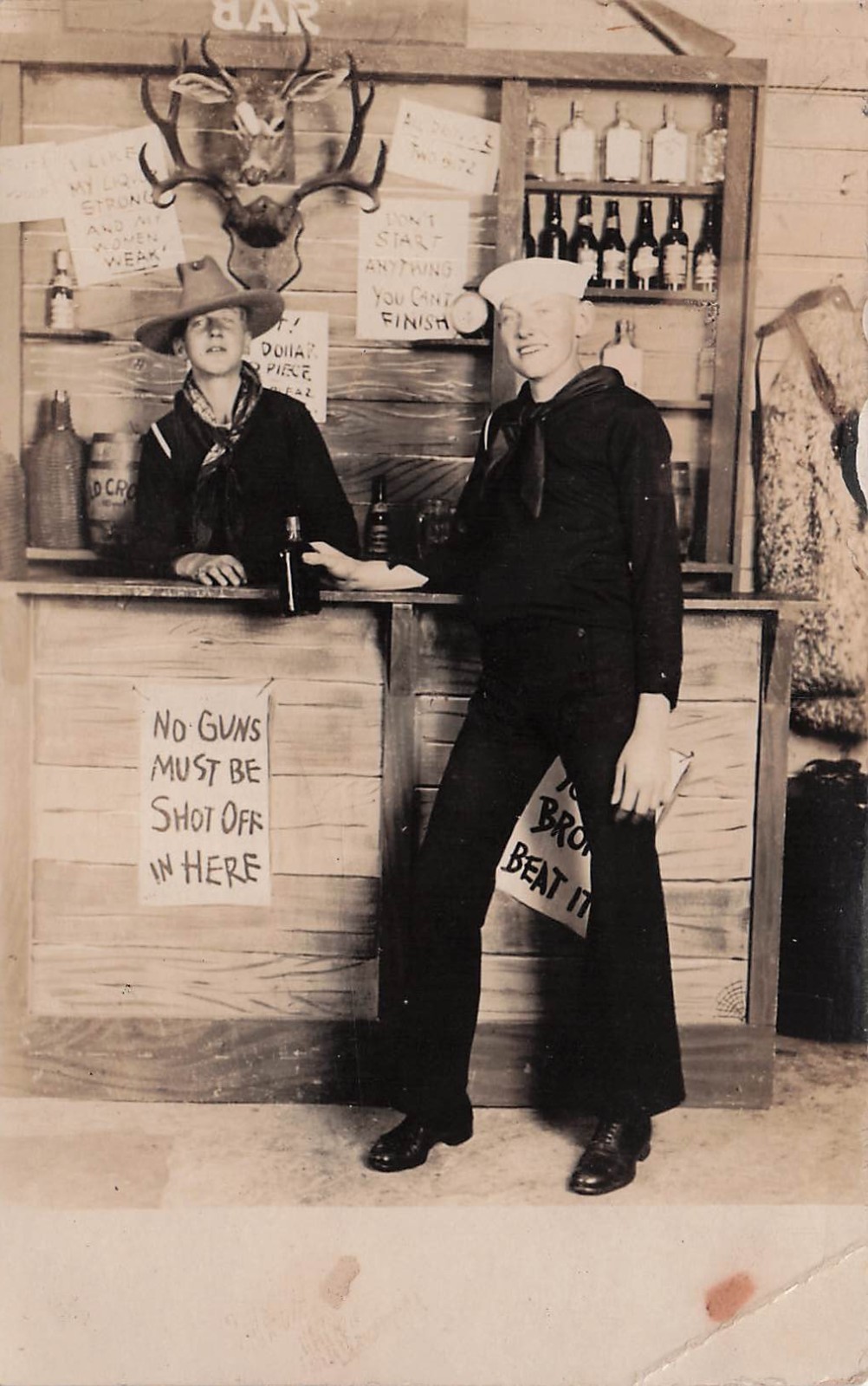 RPPC Navy Sailor Western Bar Saloon Cowboy Hat Trophy Antlers Photo Postcard 36A