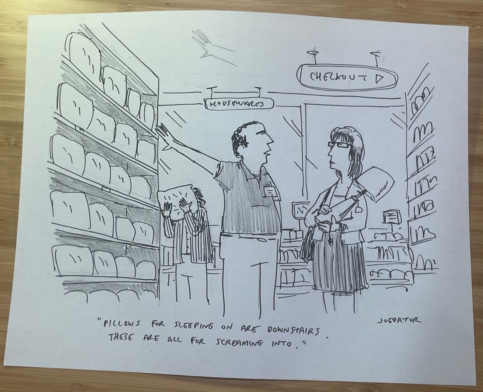 Original New Yorker cartoon sketch “Screaming Pillows” by Joe Dator 