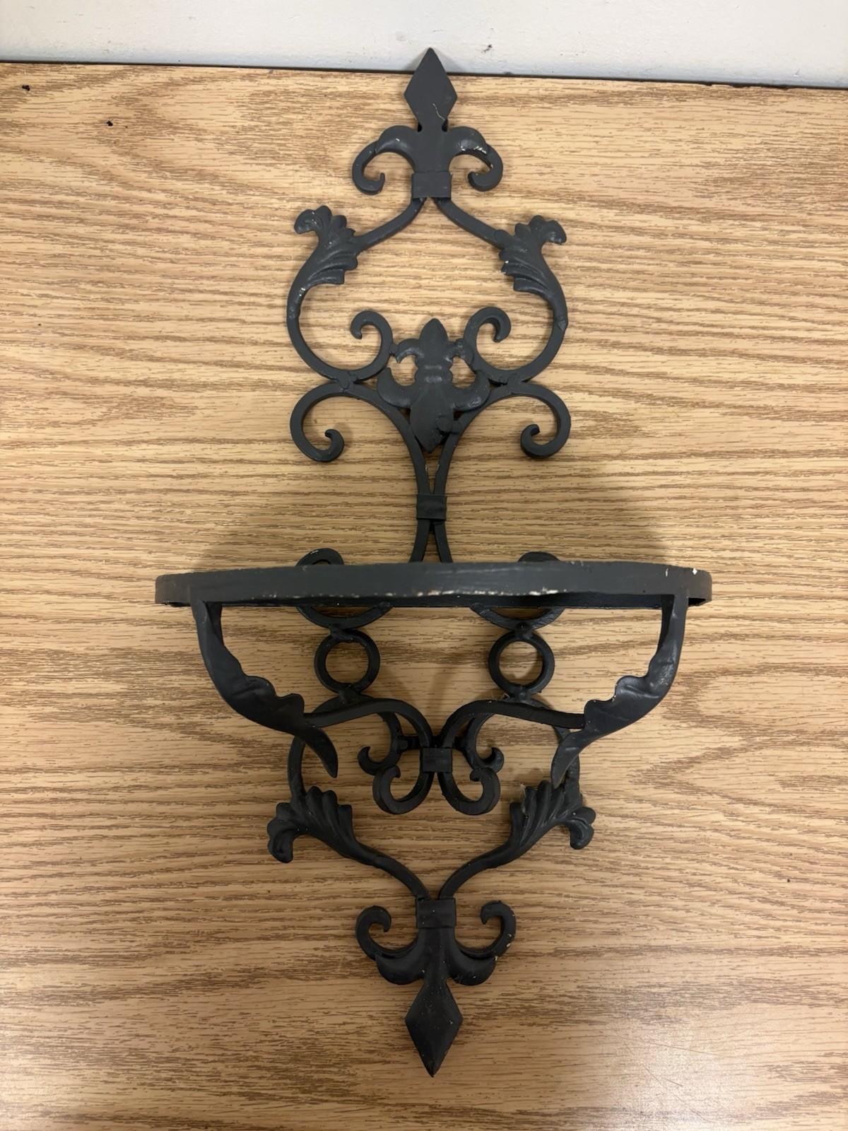 Vtg Black Wrought Iron Wood Scroll Lattice Pattern Wall Shelf Hanging Sconce