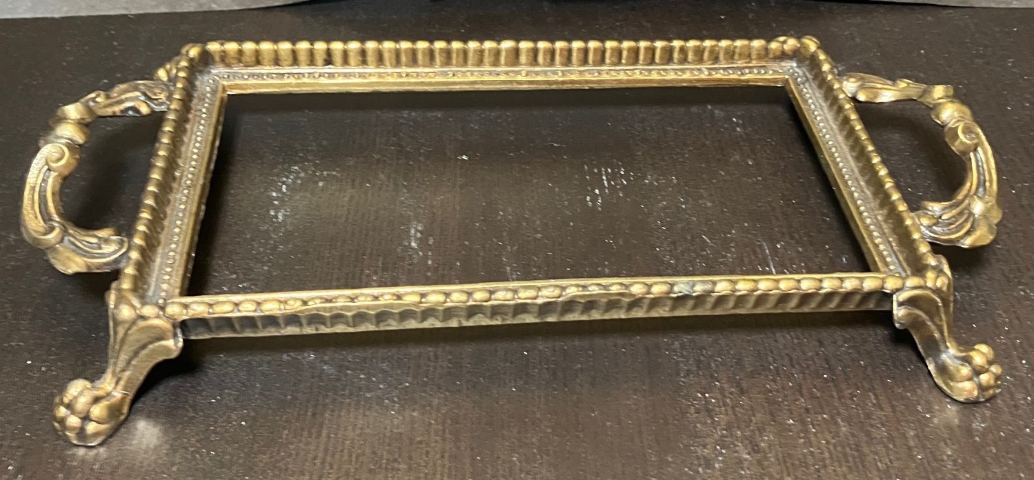 VTG Brass Ornate Vanity Tray Claw Feet  Double Handles Twisted Rope No Glass