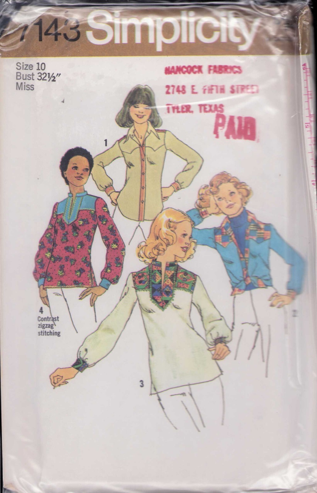1970s Vintage Shirts Tops Yokes Hippie SZ 10 Simplicity 7143 Uncut RARE