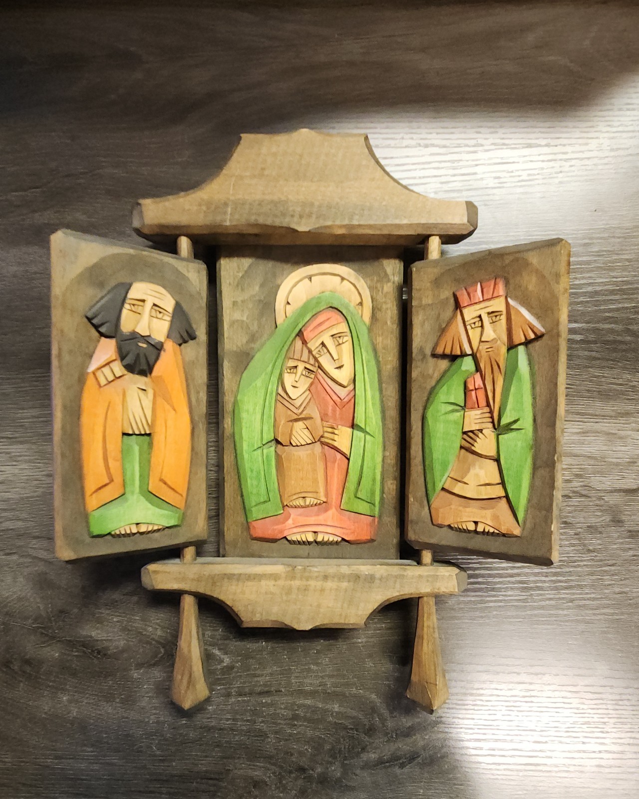 Vintage Hand Carved Eastern European Religious Wood Triptych Wall Art Beautiful