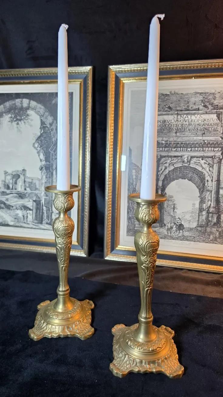 Vintage Brass Pair of Candlesticks Floral Repousse Design