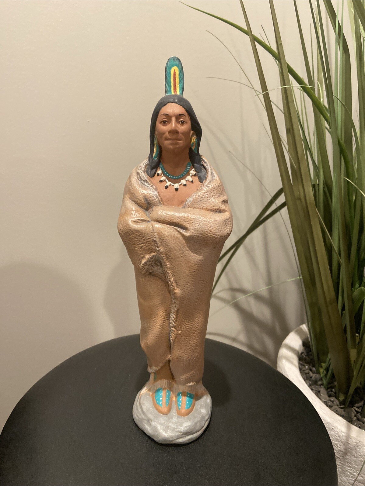 Indian Native American Hand Painted Porcelain Statue  1992 Signed DW 12.5 Inches