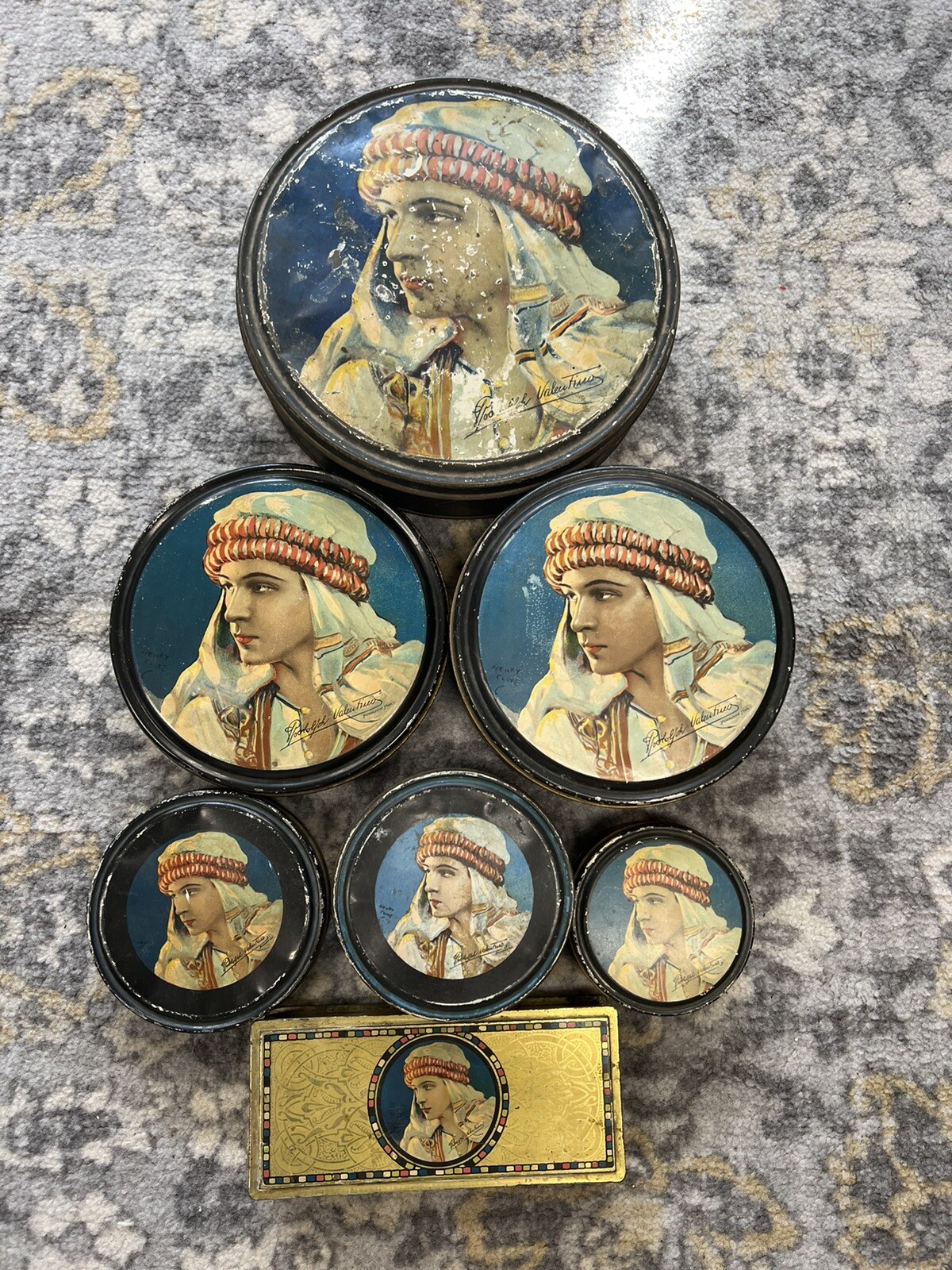 Lot of 7 Vintage 1920s Rudolph Valentino Beatebox Canco Candy Biscuit Tins