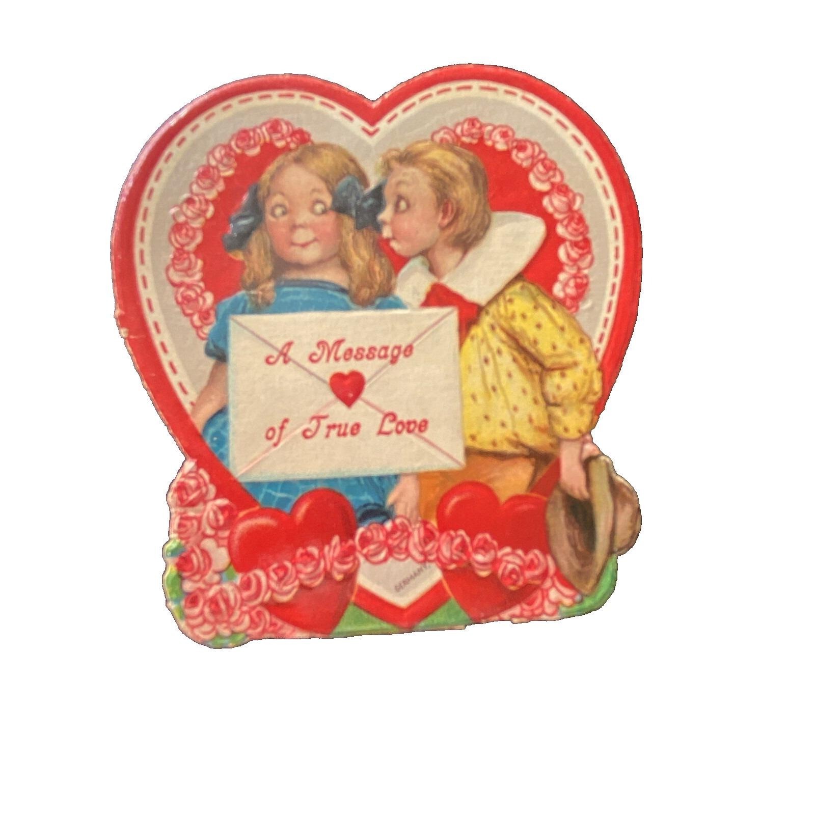 Antique Girl Valentine 3 1/2 In Germany Die Cut Boy Girl 1900s True Love Heart