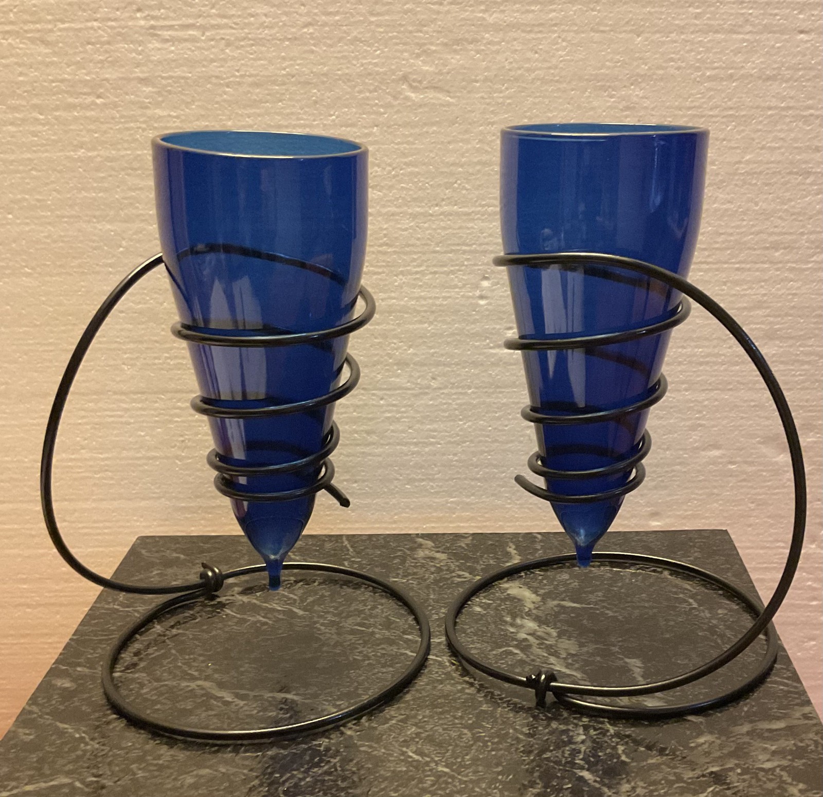 Vintage Cobalt Blue Glass Vases Candle Holders Wrought Iron Spiral Stands Pair