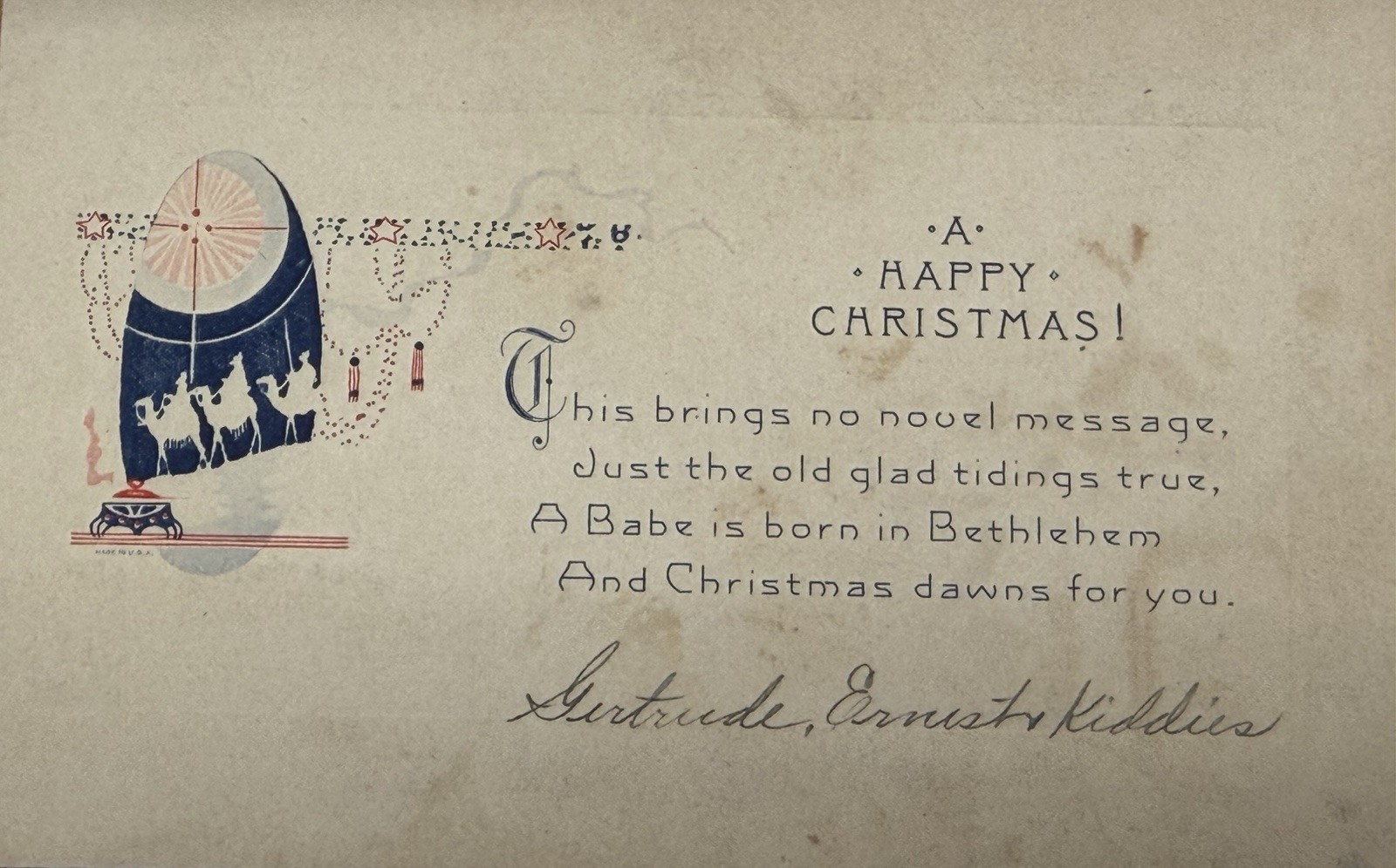 Vintage Christmas Greeting Card A Happy Christmas Nativity Poem Jesus Camels