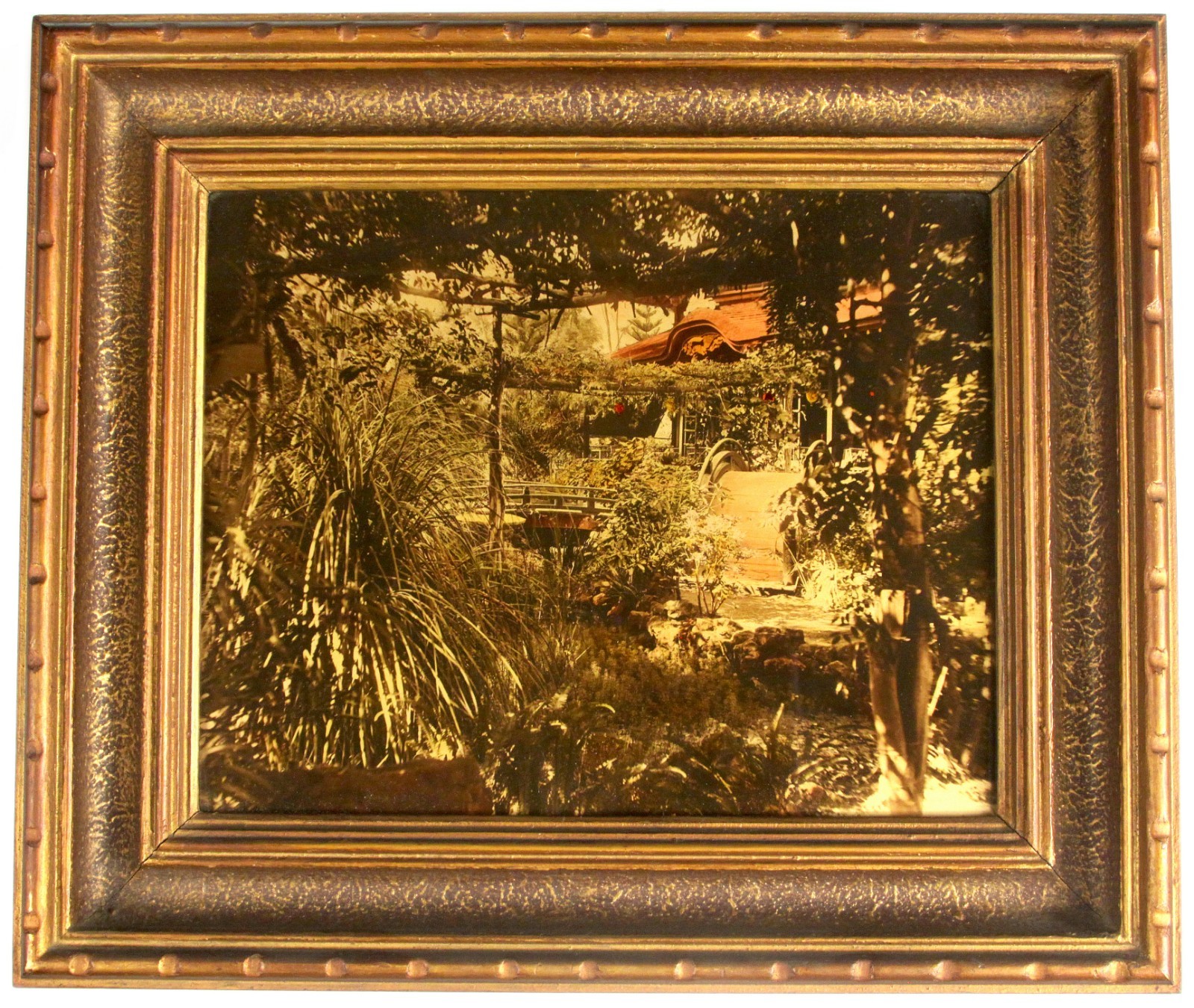 Antique Orotone Goldtone Photograph On Glass Japanese Garden Temple Shrine Frame
