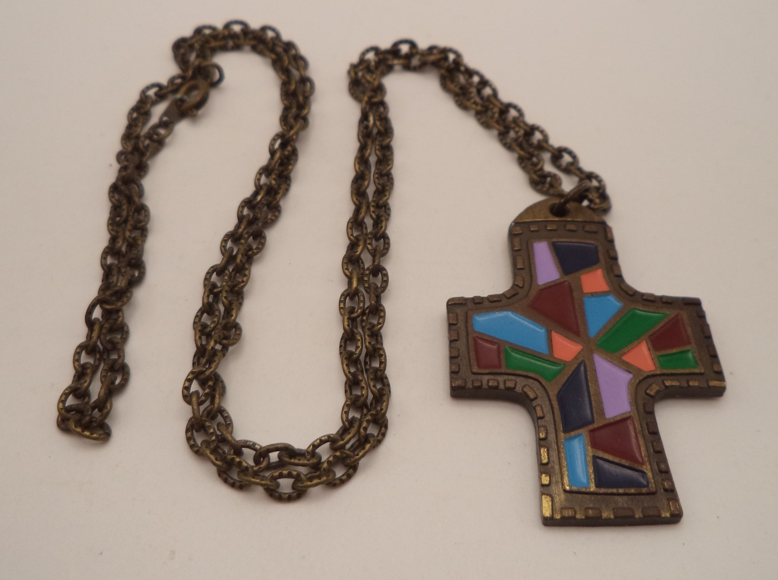 Vtg 1971 Terra Sancta Guild Enamel Cross Necklace Isaiah 43:1 Bronze Stained Gl