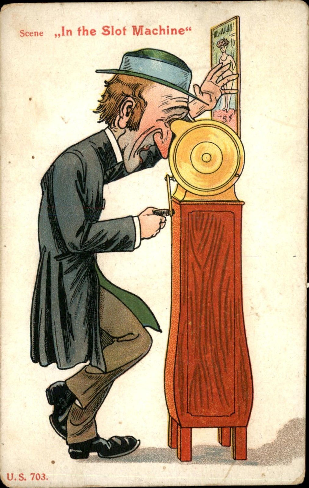 Man peering into slot machine PENNY ARCADE NUDE WOMEN COMIC c1910 Postcard bhn