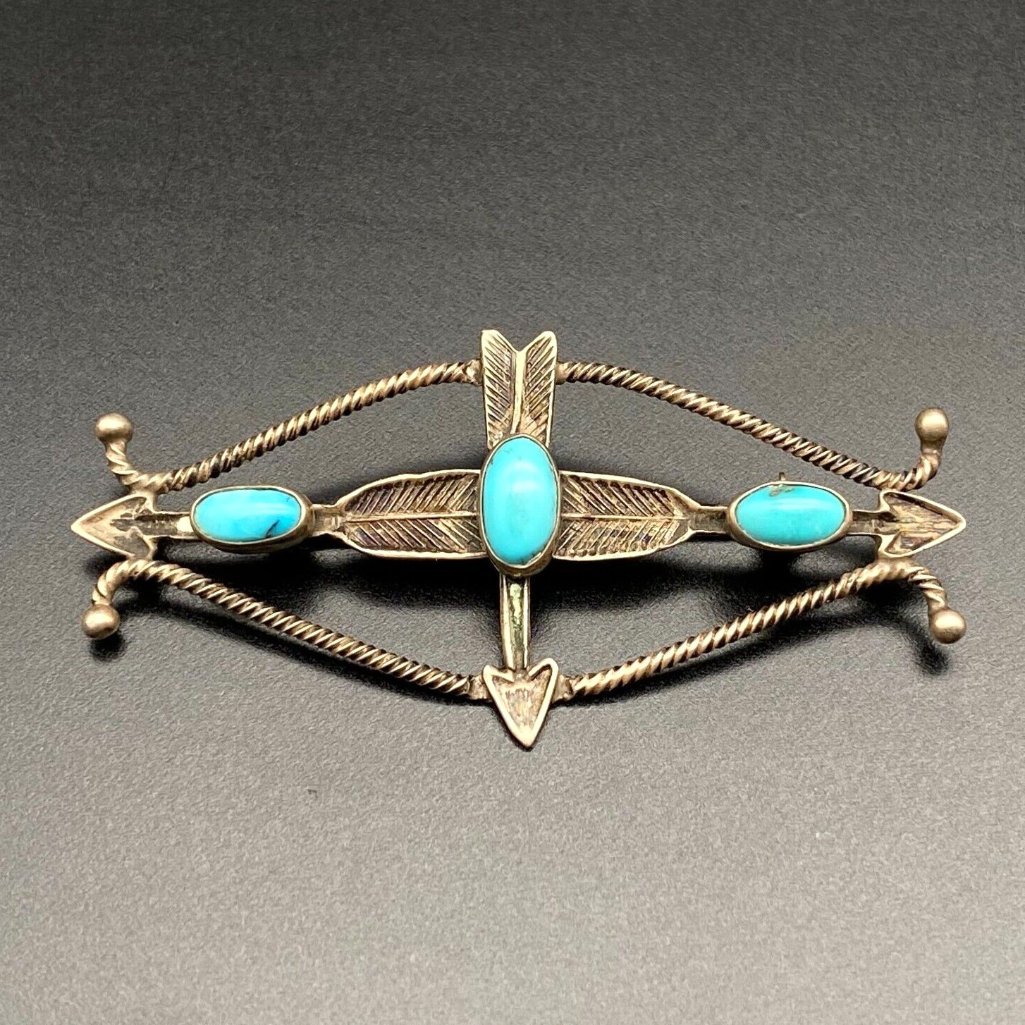 Vintage Navajo Native Turquoise Hand Stampwork Arrow Twist Silver Brooch Pin