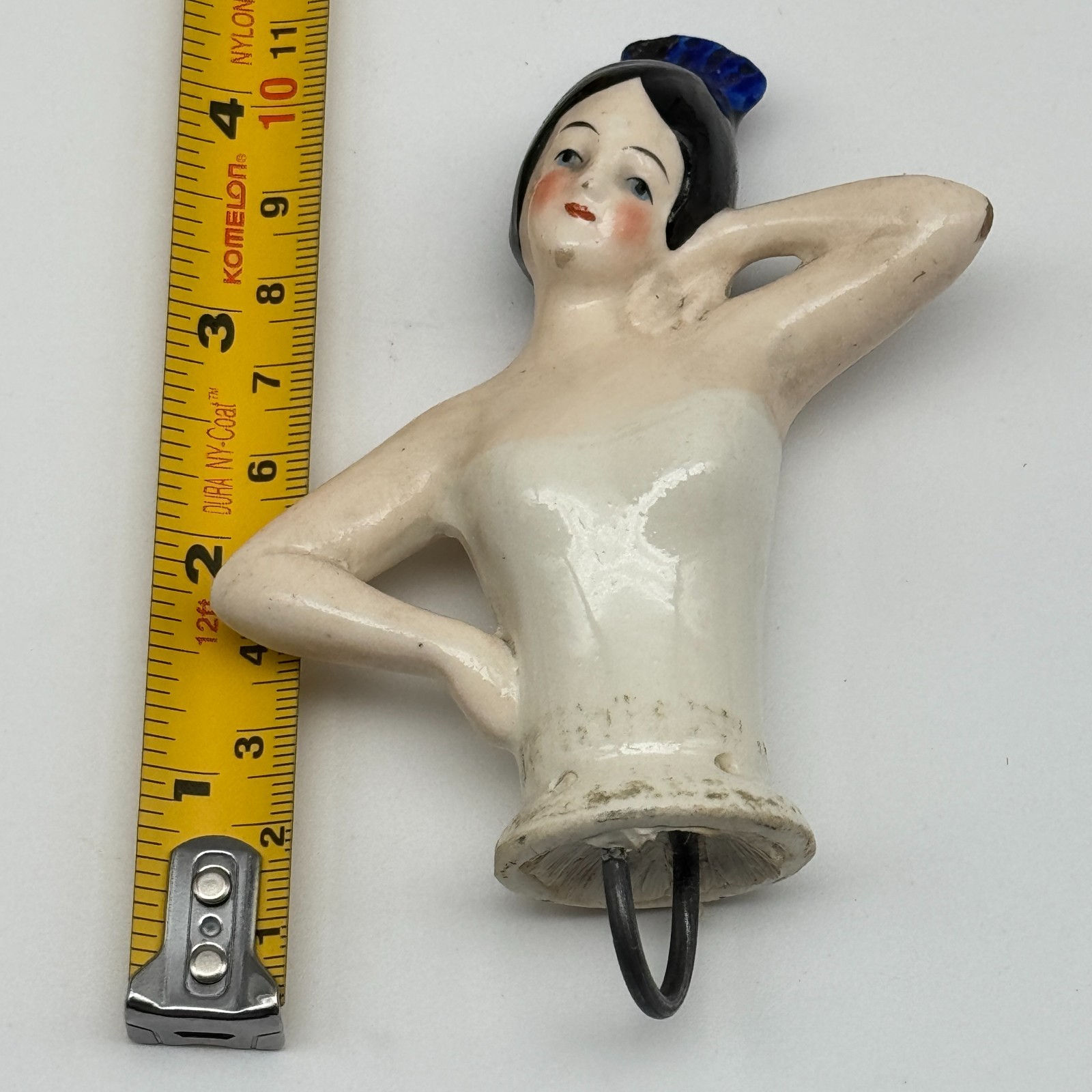 Vintage 1920s Porcelain Flapper Half Doll Pin Cushion White Top JAPAN Art Deco