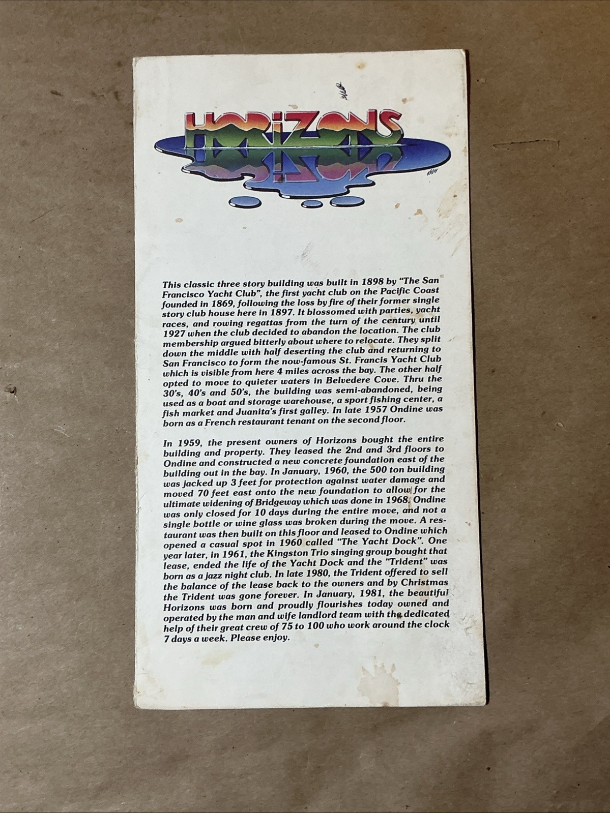 Vintage Menu Horizons Restaurant Sausalito California As Is INV-P0613