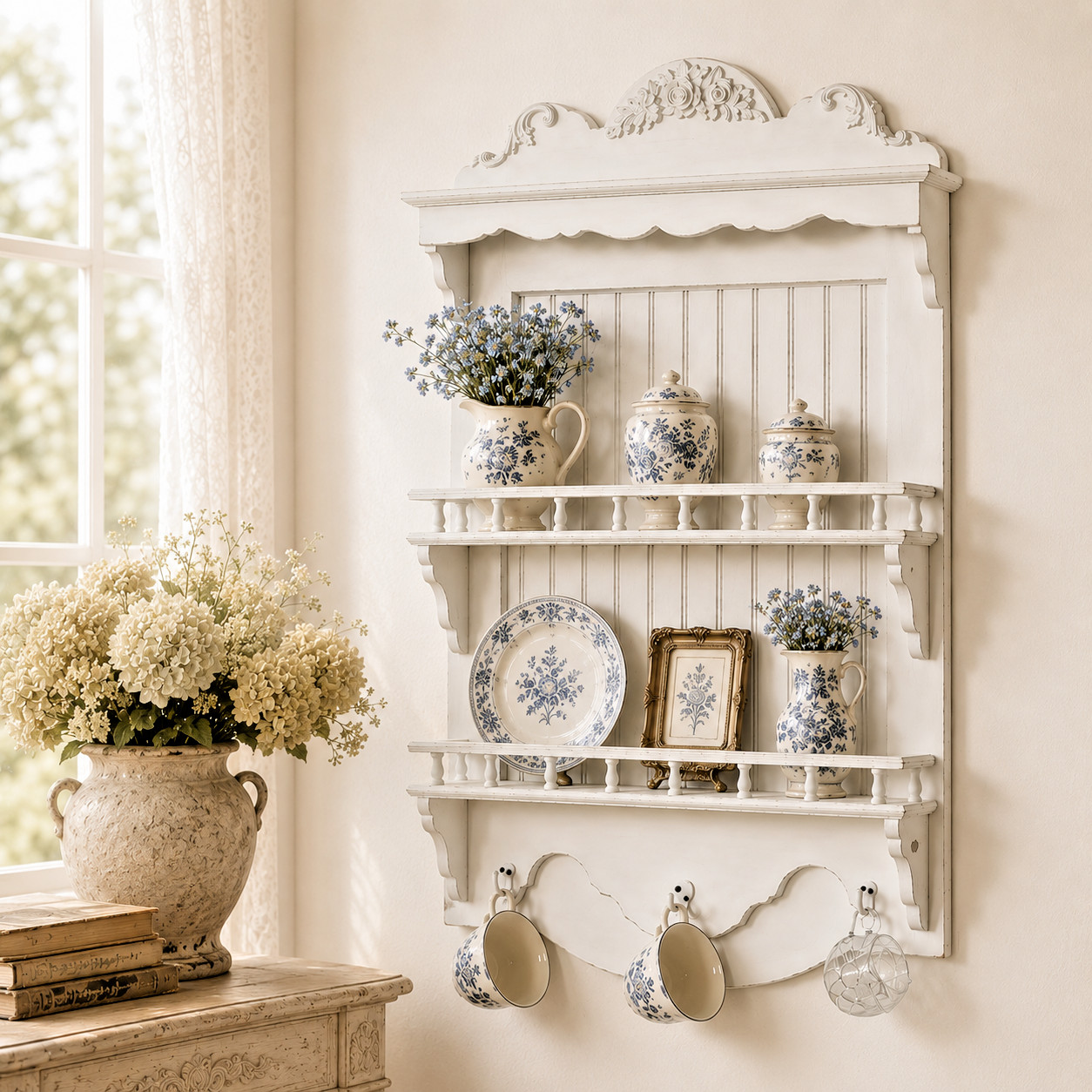 Wall Plate and Mug Rack Shelves & Hooks  Wood Antique French Style